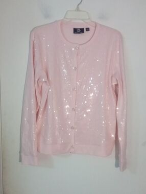G By Giuliana Pink Sequin Button Up Cardigan Large New NWOT Bling Glitter